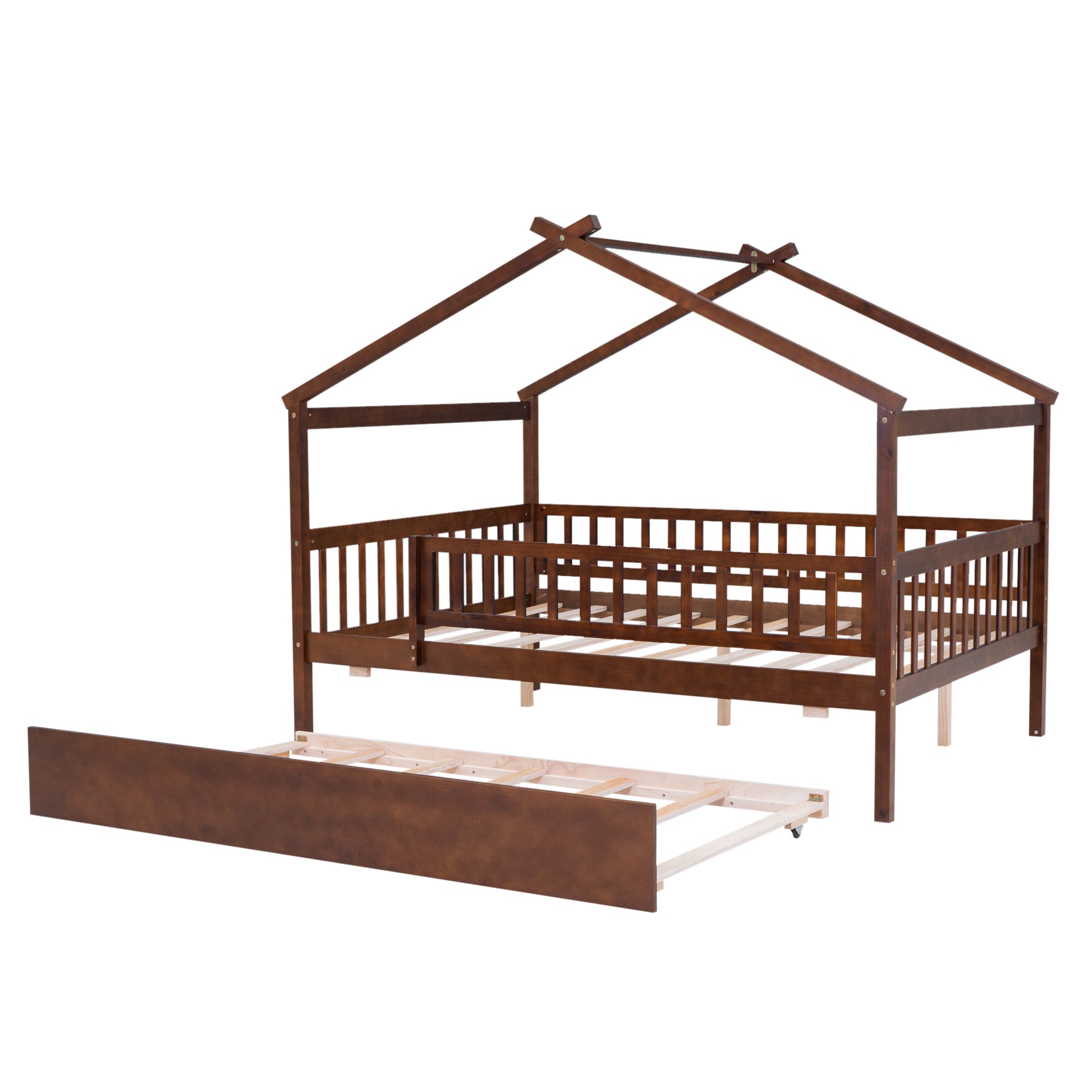 Full Size Wooden House Bed With Twin Size Trundle, Walnut Full Walnut Solid Wood Mdf