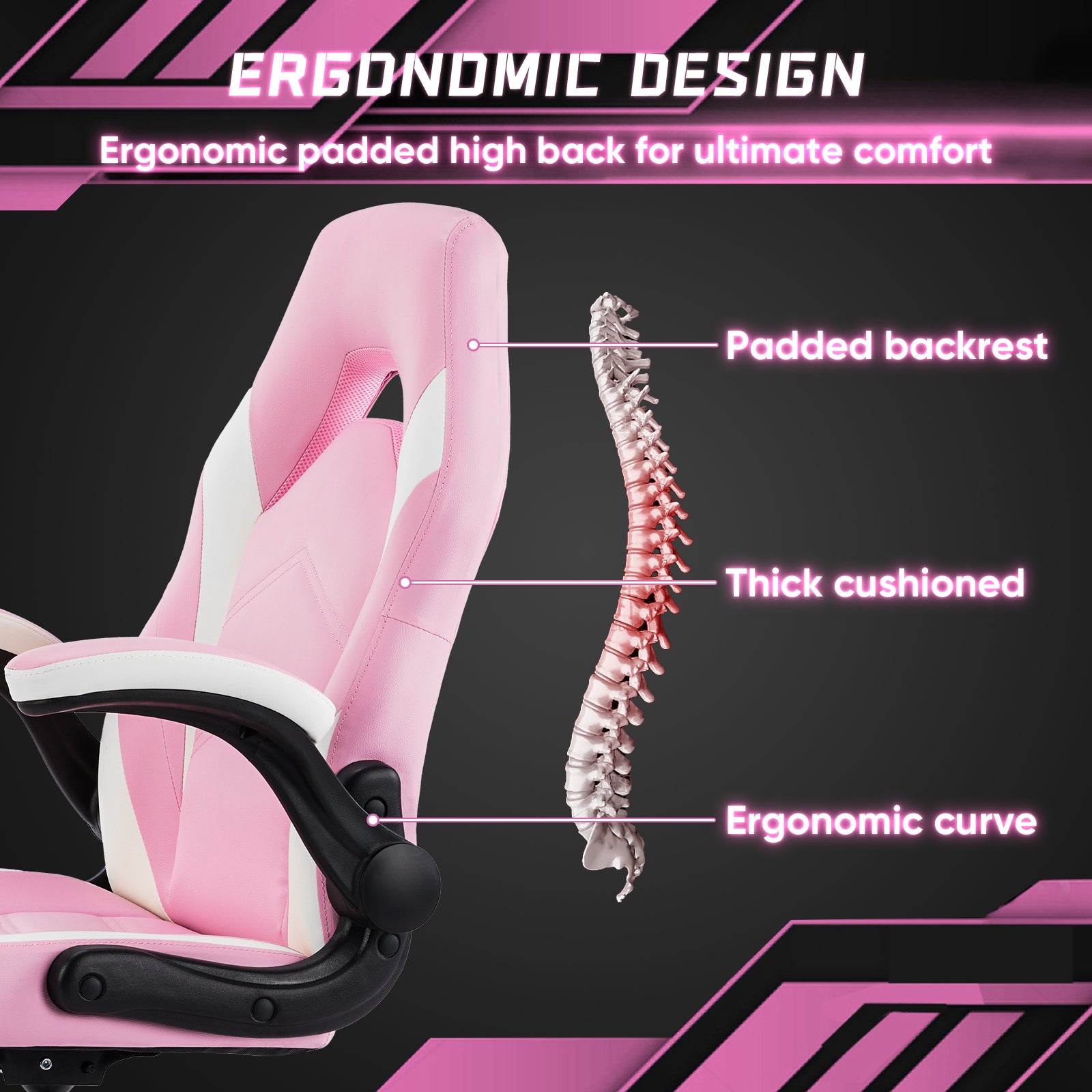 Sweetcrispy Gaming Chair Pu Leather Computer Chair Ergonomic Office Chair With Lumbar Support, Height Adjustable Rolling Desk Chairs With Flip Up Armrests Alloy Steel Pink White Bedroom Memory Foam Wipe Clean Handle Club Chair Solid Back Ergonomic Pu