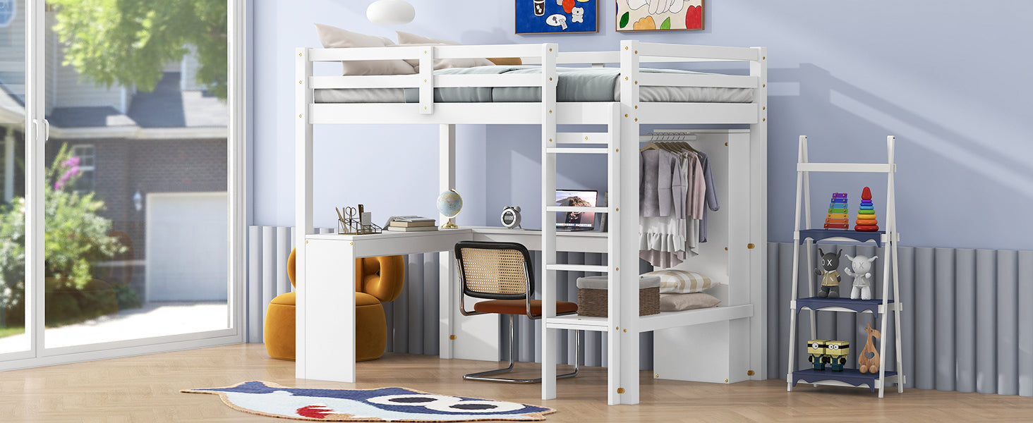 Twin Size Loft Bed With L Shaped Desk, Wardrobe And Storage Shelves, White Expected Arrival Time: 8.31 Box Spring Not Required Twin White Wood Bedroom Solid Wood Mdf