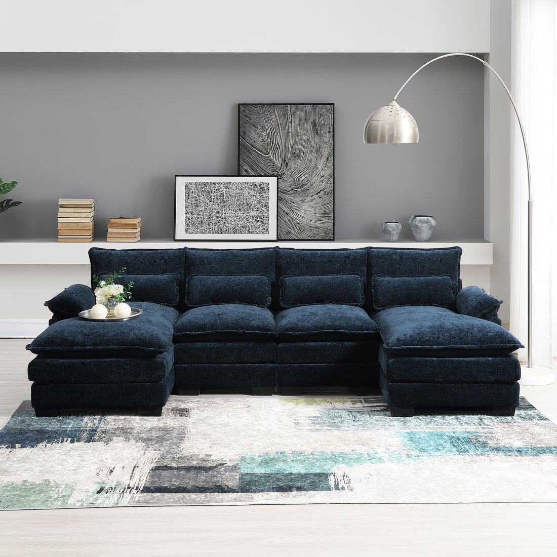 110*55" Modern U Shaped Sectional Sofa With Waist Pillows,6 Seat Upholstered Symmetrical Sofa Furniture,Sleeper Sofa Couch With Chaise Lounge For Living Room,Apartment,5 Color Blue Chenille 6 Seat