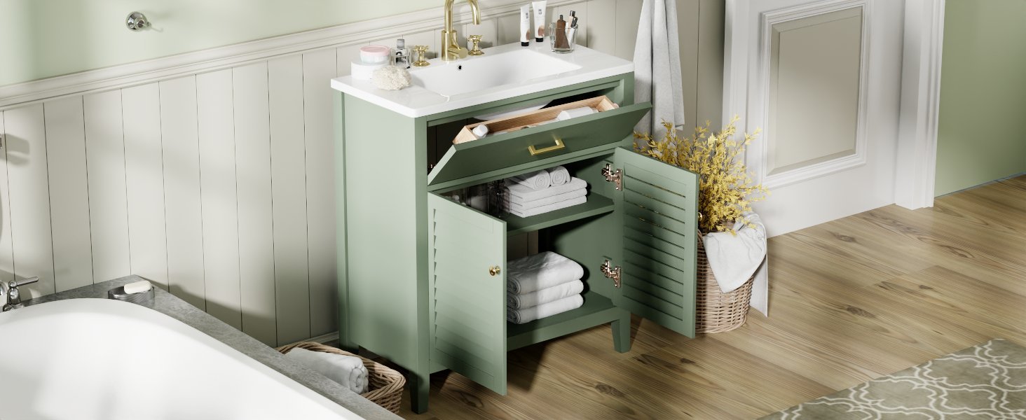 30 Inch Bathroom Vanity With Ceramic Sink Combination, Large Storage Features 1 Pullout And Multifunctional Shelf Dividers Green Bathroom Solid Wood Mdf