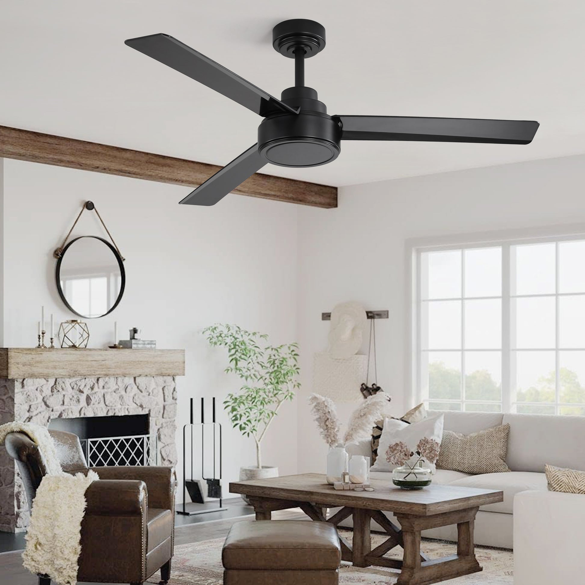 52" Ceiling Fan Without Light, 3 Abs Blades Farmhouse Ceiling Fan With Remote Control 6 Speed Reversible Dc Motor Black For Living Room, Bedroom, Kitchen Black Abs