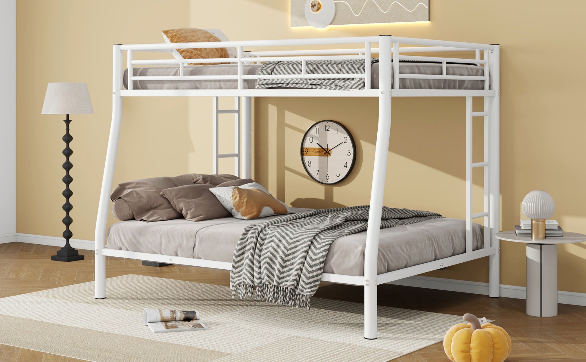 Full Xl Over Queen Metal Bunk Bed With Ladder And Guardrails, White Box Spring Not Required Full Xl White Metal Metal