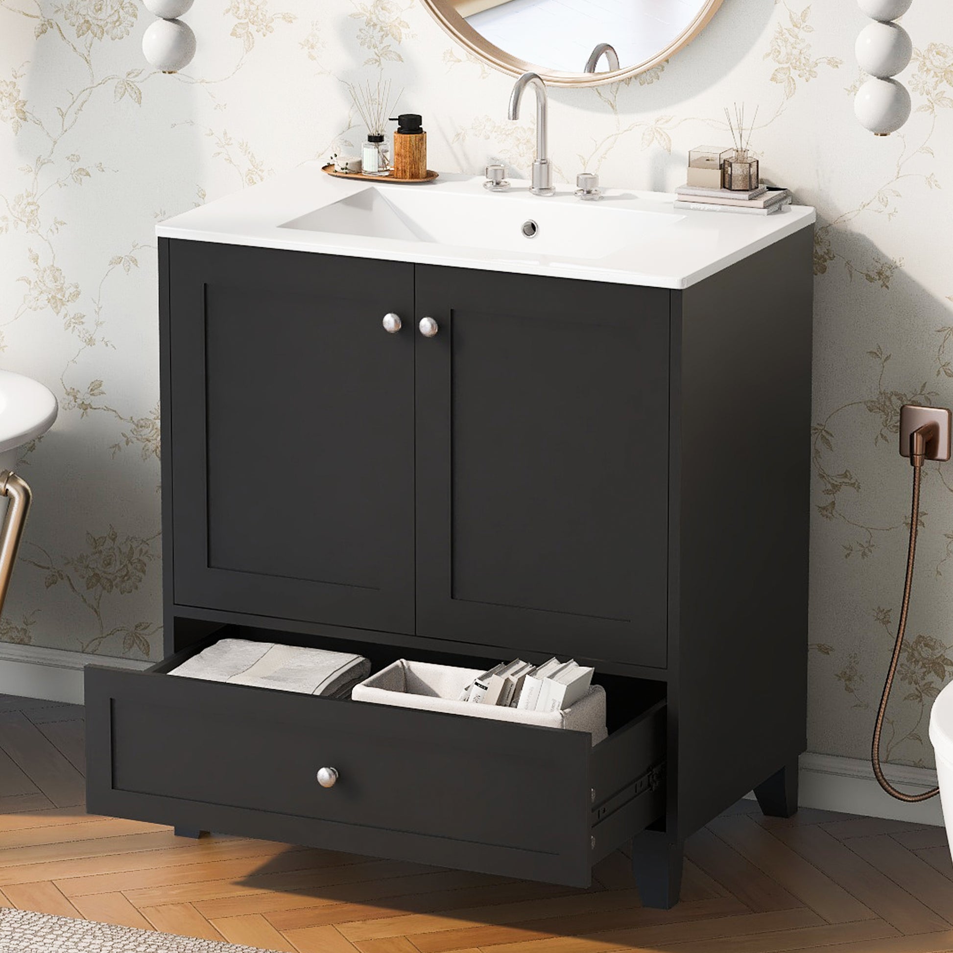 30" Black Bathroom Vanity Set With Ceramic Sink And Large Storage Space Ideal For Small Bathrooms Black Bathroom Solid Wood Mdf