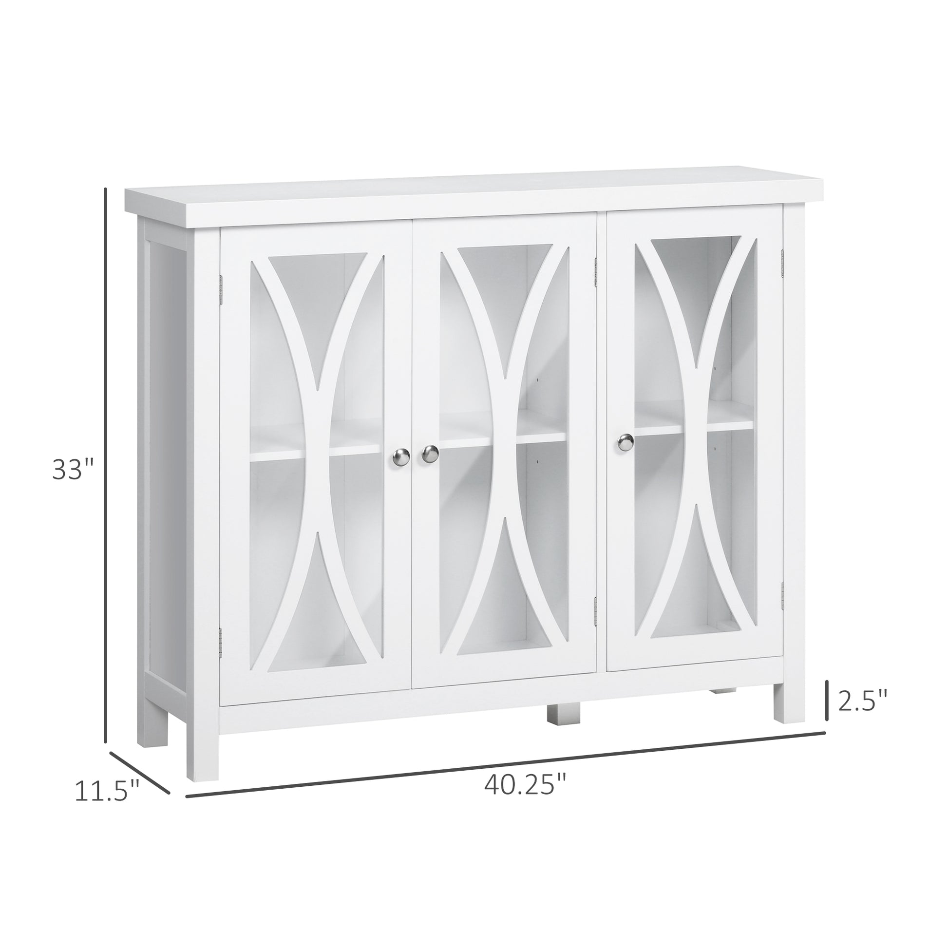 Homcom Sideboard, Buffet Cabinet With 3 Tempered Glass Doors, Arc Pattern And Adjustable Storage Shelf, Credenza, White White Mdf