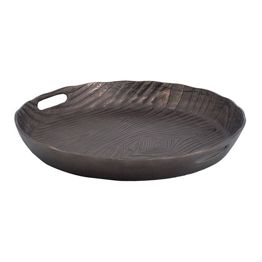 18 Inch Aluminum Decorative Tray, Cut Out Handles, Wood Grain Texturing Bronze Aluminum