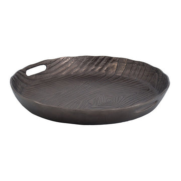 18 Inch Aluminum Decorative Tray, Cut Out Handles, Wood Grain Texturing Bronze Aluminum