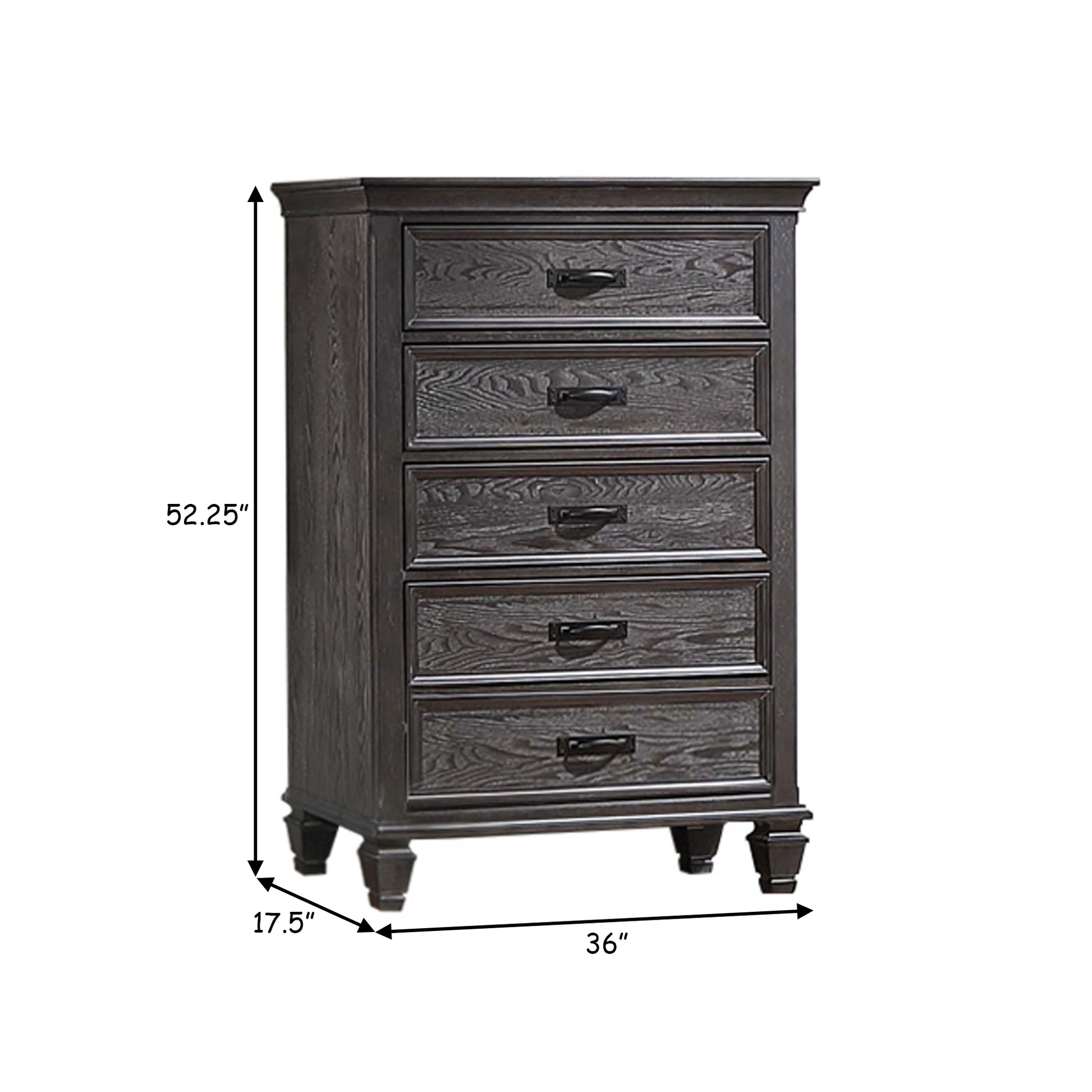 Eli 52 Inch Tall Dresser Chest, 5 Drawers, Bar Handles, Weathered Brown Black Solid Wood