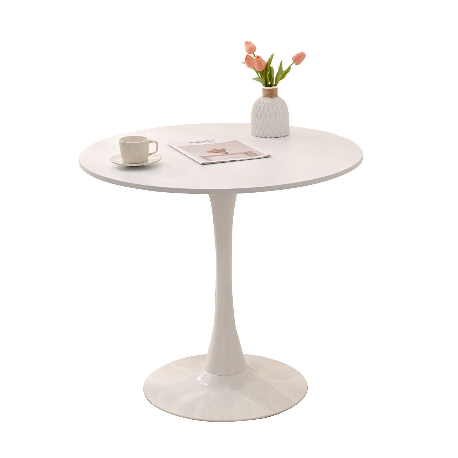 31.5" Round Dining Table, Mid Century White Tulip Table, Metal Base Pedestal Table For 2 4 Person,Easy Assembled Leisure Coffee Table White Dining Room Classic Round Kitchen & Dining Tables Polished Round Mdf Metal