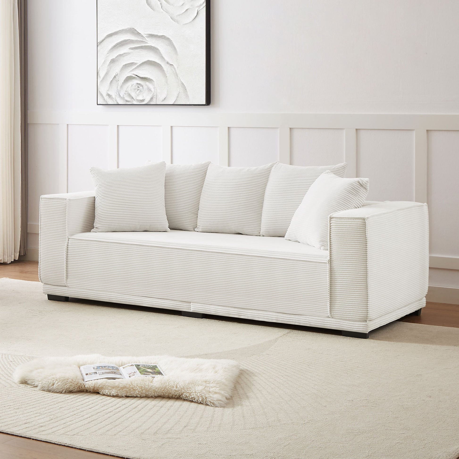88.97'' Mid Century Modern Upholstered Sofa With 5 Matching Toss Pillows, Including Bottom Frame,Comfy Couches For Living Room, Bedroom, Apartment And Office.White White Corduroy 3 Seat