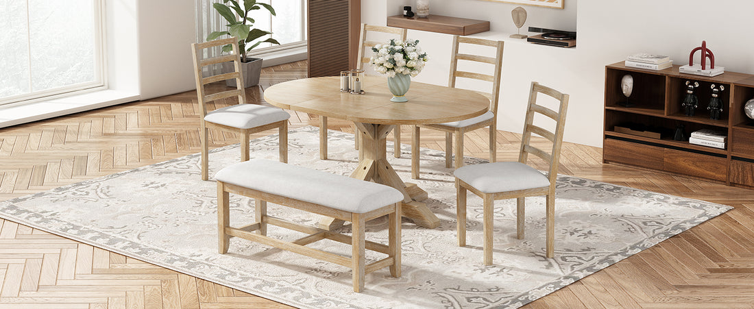 Farmhouse 6 Piece 60Inch Extendable Pedestal Dining Table Set With 18Inch Removable Leaf, 44Inch Bench And 4 Ladder Back Dining Chairs, Natural Wood Dining Room Solid Wood Rubberwood Oval Dining Table With Bench Wood Wood Natural Ladder Back Seats 6 60