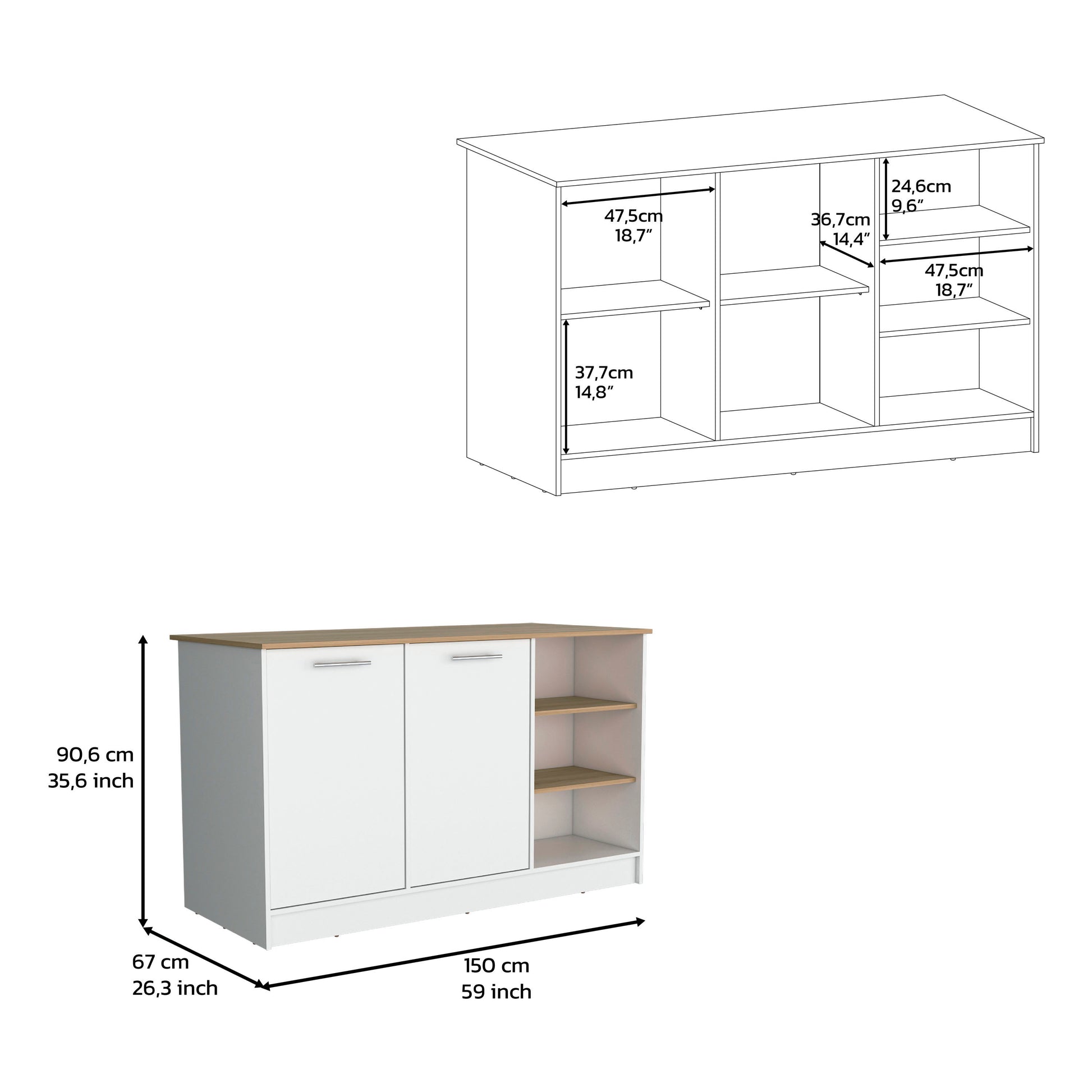 Kitchen Island Two Cabinets, Three Open Shelves, White Natural Oak Multicolor Solid Wood Mdf Engineered Wood