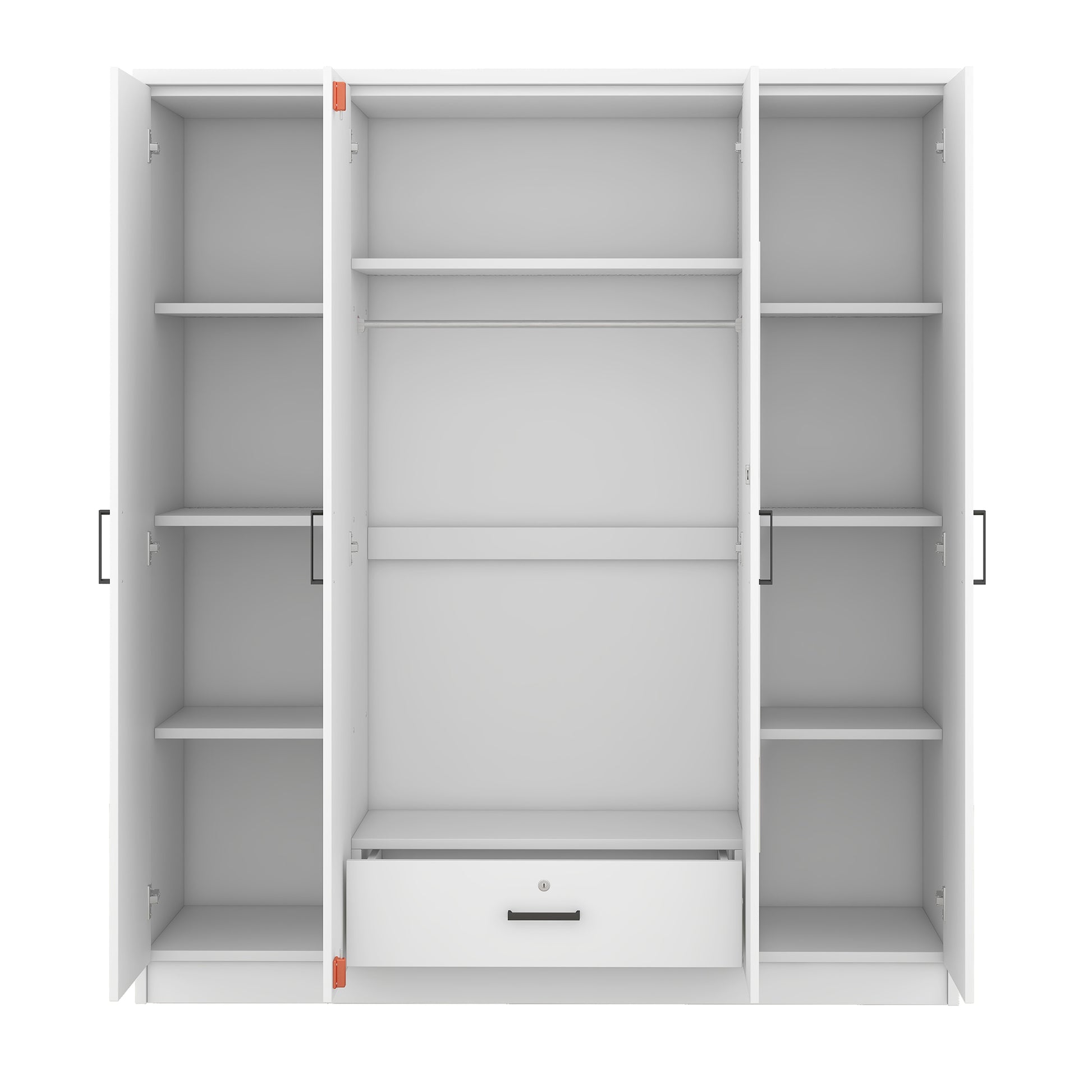 4 Door Mirror Wardrobe With Shelves, White White Plywood