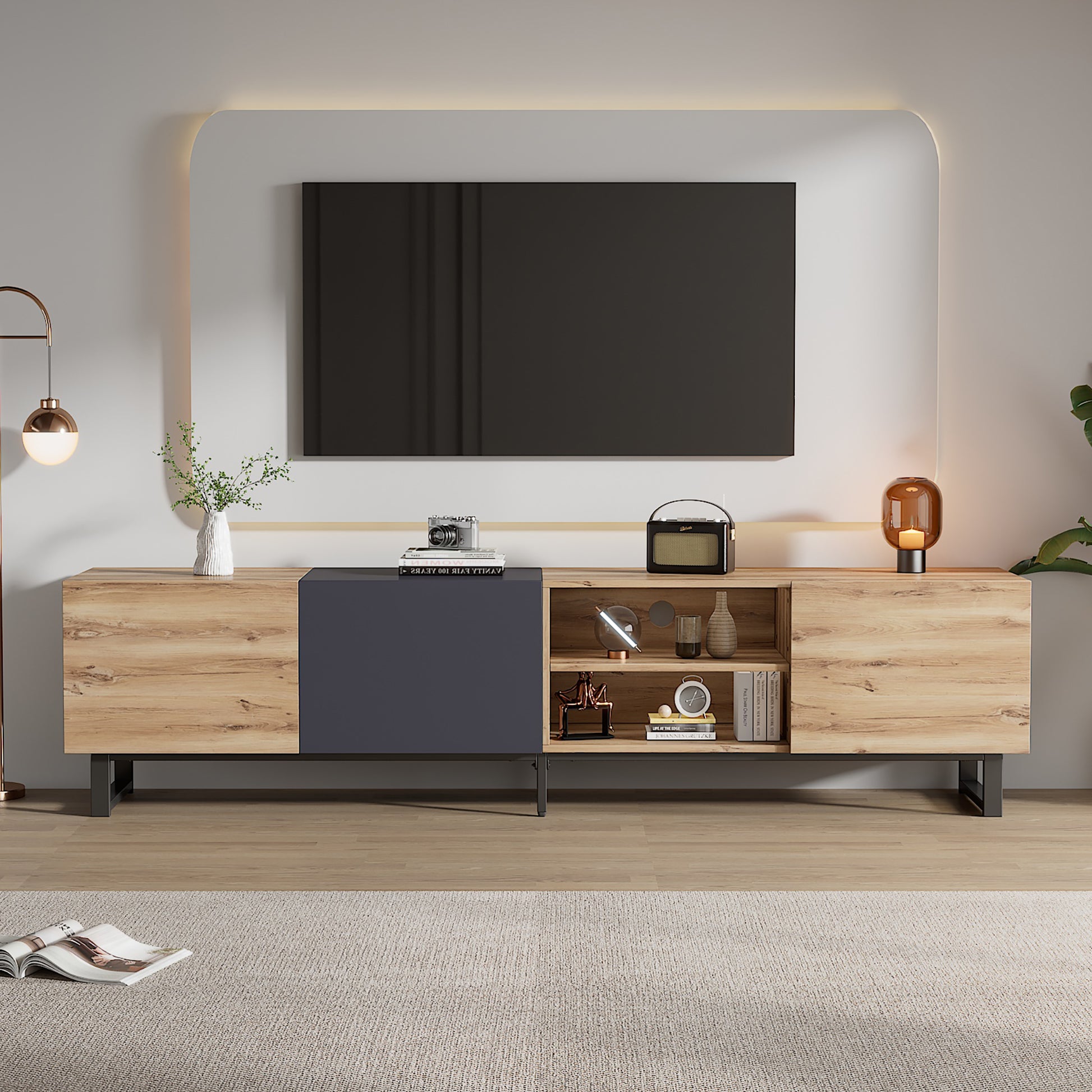 Modern Tv With 3 Cabinets& Open Shelves, Color Matching Media Console Table For Tvs Up To 80'', Entertainment Center With Drop Down Door For Living Room, Bedroom, Home Theatre Wood Brown Primary Living Space 70 79 Inches 70 79 Inches 70 Inches Particle