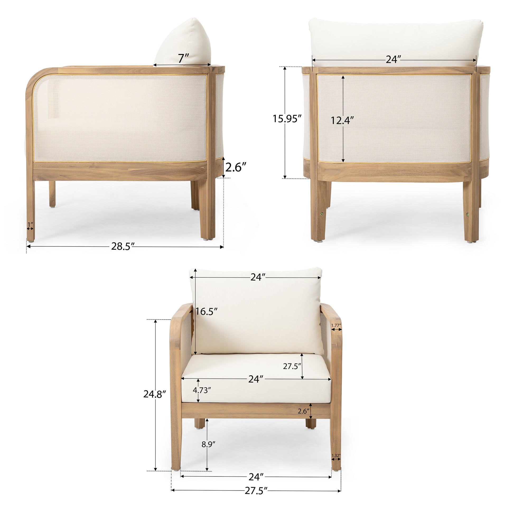 Set Of 2 Outdoor Acacia Wood Patio Club Chair, Textilene Patio Furniture,Waterproof Thick Cushion Deep Seating For Porch, Garden, Backyard, Balcony, Weight Capacity 400Lbs, Light Teak Finish, Beige