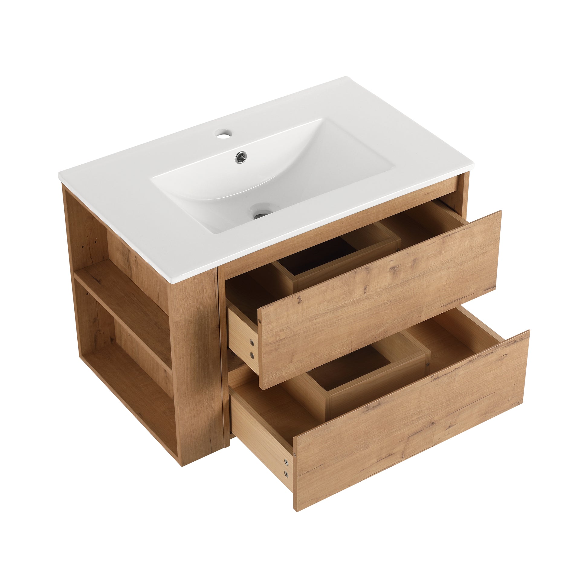 30" Wall Mounting Bathroom Vanity With Ceramic Sink, 2 Soft Close Drawer 2 Imitative Oak 1 Bathroom Wall Mounted Modern Plywood