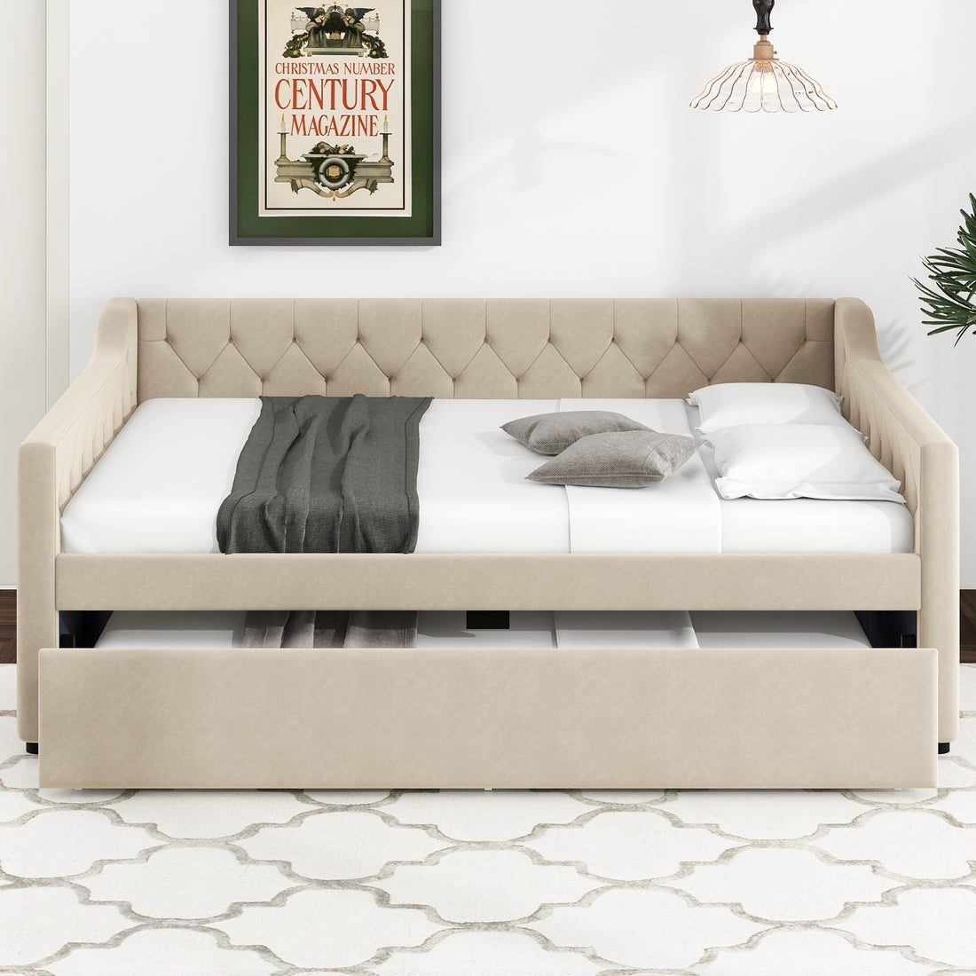 Full Size Upholstered Tufted Daybed With Twin Size Trundle, Beige Beige Upholstered