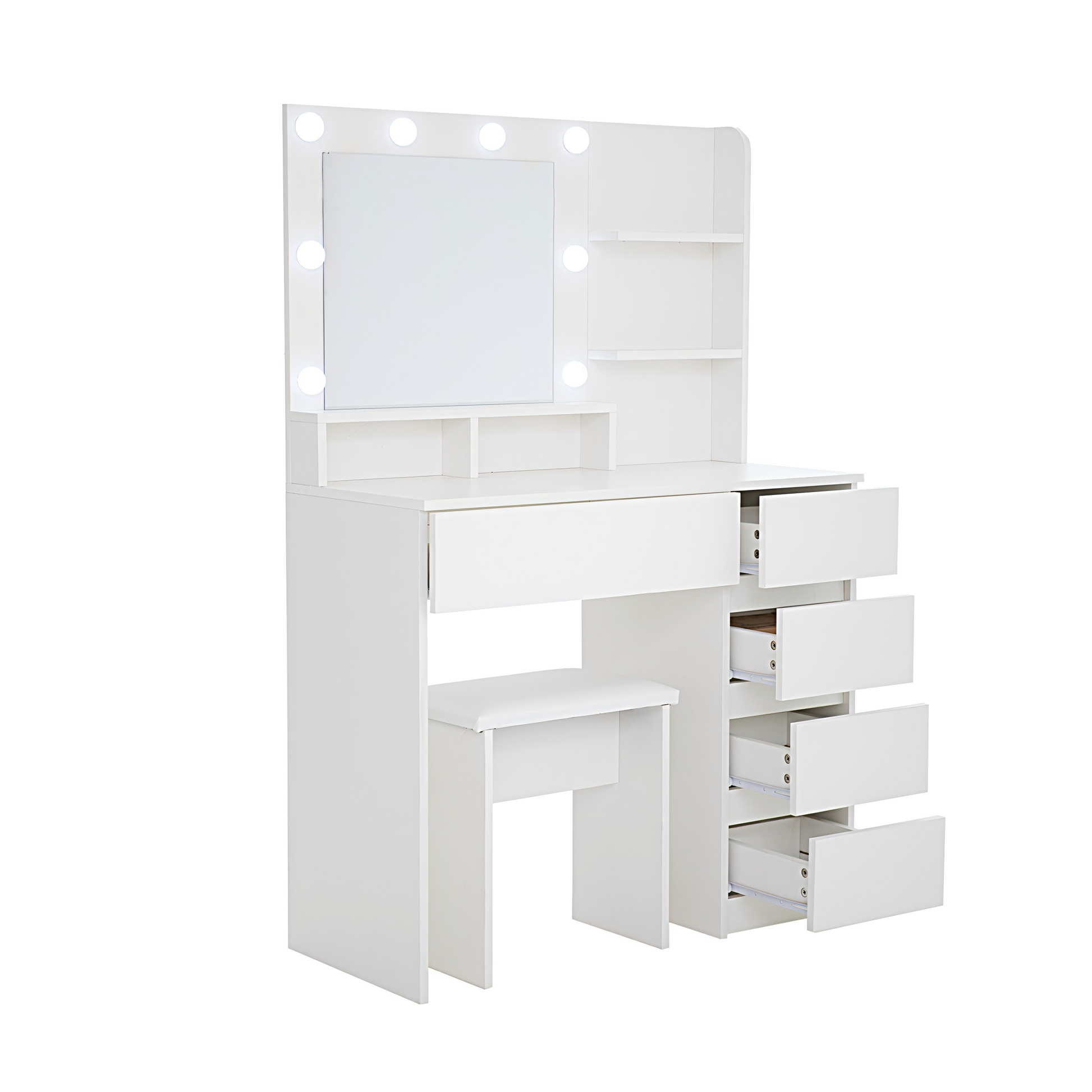 Vanity, Makeup Vanity Desk Set With Mirror & Light, Dressing Table Storage Lots With Power Strip, 3 Lighting Modes With Adjustable Brightness, 37 Inches White With Stool White Drawer 4 Drawers Bedroom Extra Deep Drawers Modern 2 Or Less Mirror Included