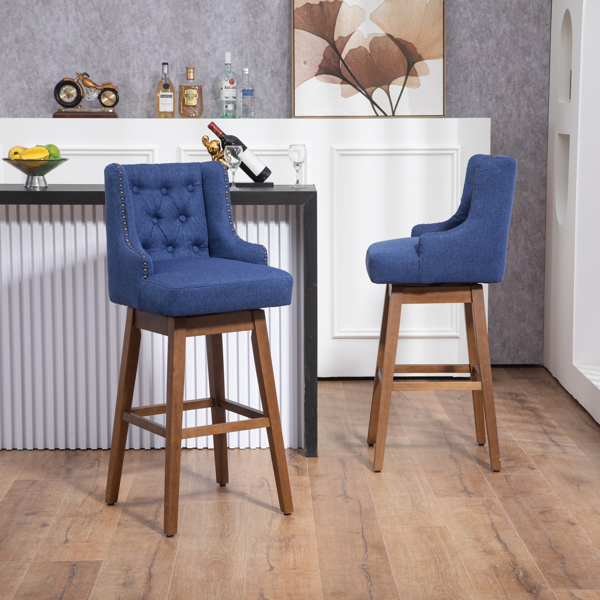 Coolmore Bar Stools Set Of 2 Counter Height Chairs With Footrest For Kitchen, Dining Room And 360 Degree Solid Wood Legs Swivel Bar Stools Set Of 2 Navy Linen Navy Foam Linen