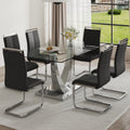 Table And Chair Set. Large Modern Rectangular Table With Glass Top And Silver Metal Legs. Furnished With Soft And Comfortable Pu Chairs With Faux Leather Upholstered Seats And Silver Metal Legs. Black Silver Seats 6 Glass Metal