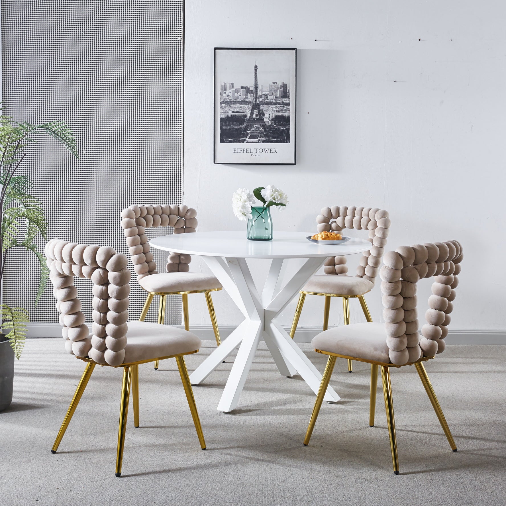 White And Gold Modern Chair Set Of 4 With Iron Tube Legs, Soft Cushions And Comfortable Backrest, Suitable For Dining Room, Living Room, Cafe,Hairball Back White Gold Fabric