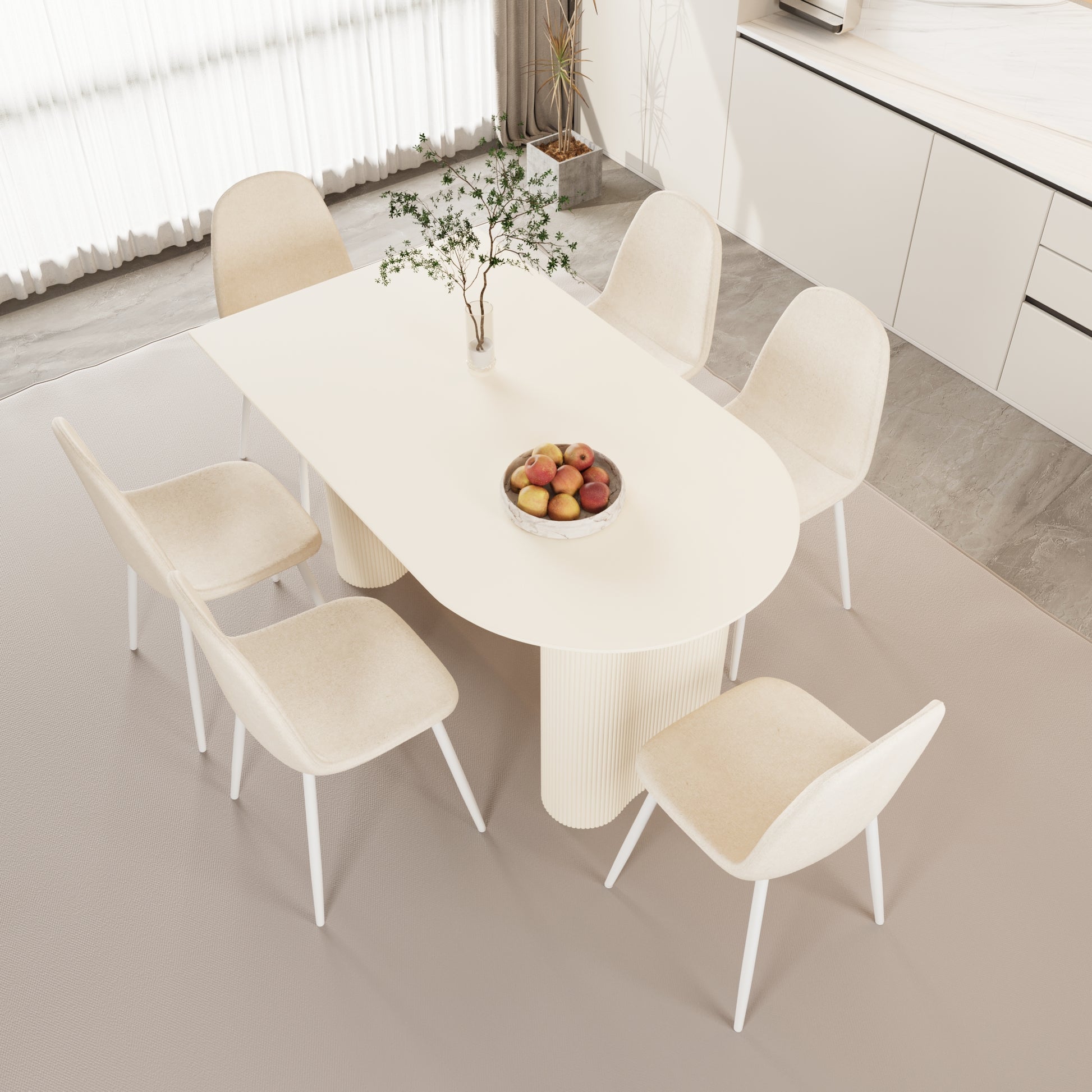 63 " Mdf Cream Style Dining Table And Modern Dining Chair 8 Piece Set, Modern Kitchen Dining Table Set, Round Wave Table Legs, Dining Table And Round Linen Chairs Buy 6 Chairs And Get 2 Free Beige