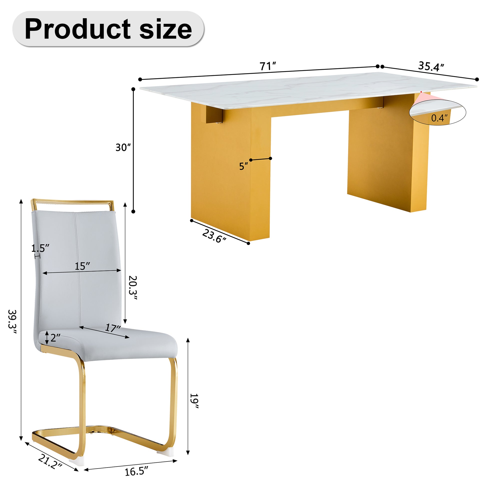 Table And Chair Set.Large Modern Rectangular Table With 0.4 Inch Patterned Glass Tabletop And Large Mdf Table Legs.Comes With 6 Chairs With Faux Leather Cushioned Seats And Golden Metal Legs. Gold White Seats 6 Mdf Glass