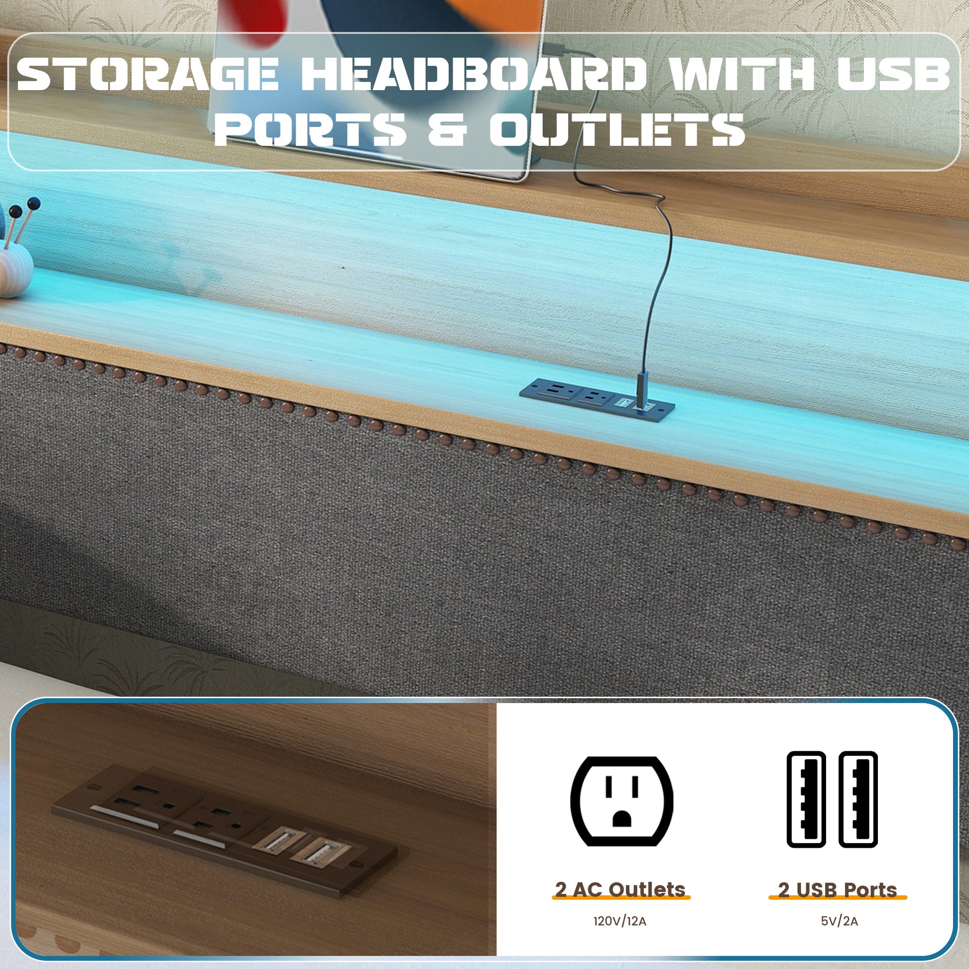 Twin Size Daybed With Trundle Bed, Upholstered Daybed With Charging Station And Led Lights, Gray Twin Gray Linen