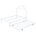 Full Size Metal Platform Bed With Twin Size Trundle,House Shaped Headboard Design, White Full White Metal