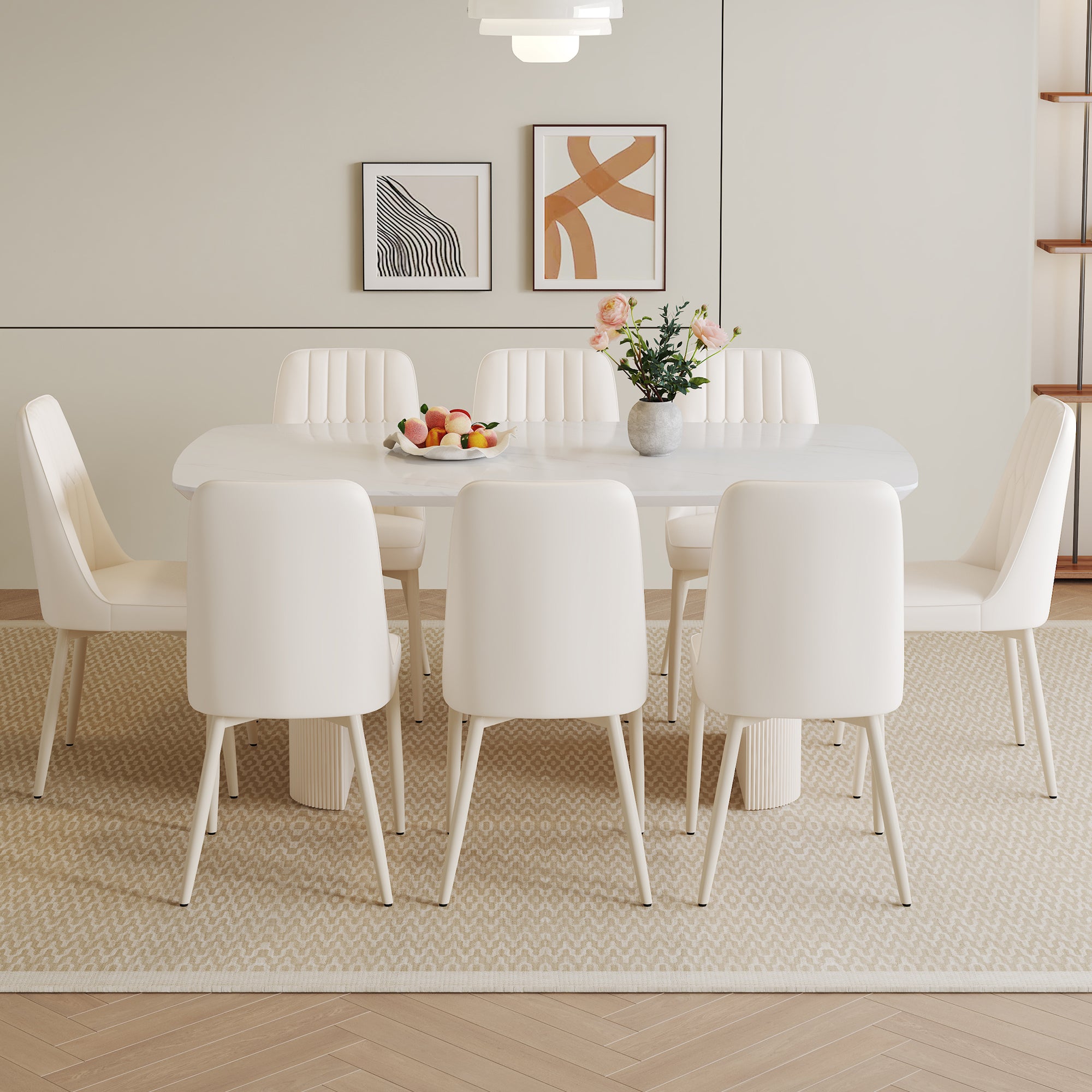 Table And Chair Set.67*35.4 Cream Style Mdf White Dining Table Set With 8 Cream Style Chairs.Adding A Warm And Gentle Atmosphere To Your Family.Creating A Comfortable And Friendly Dining