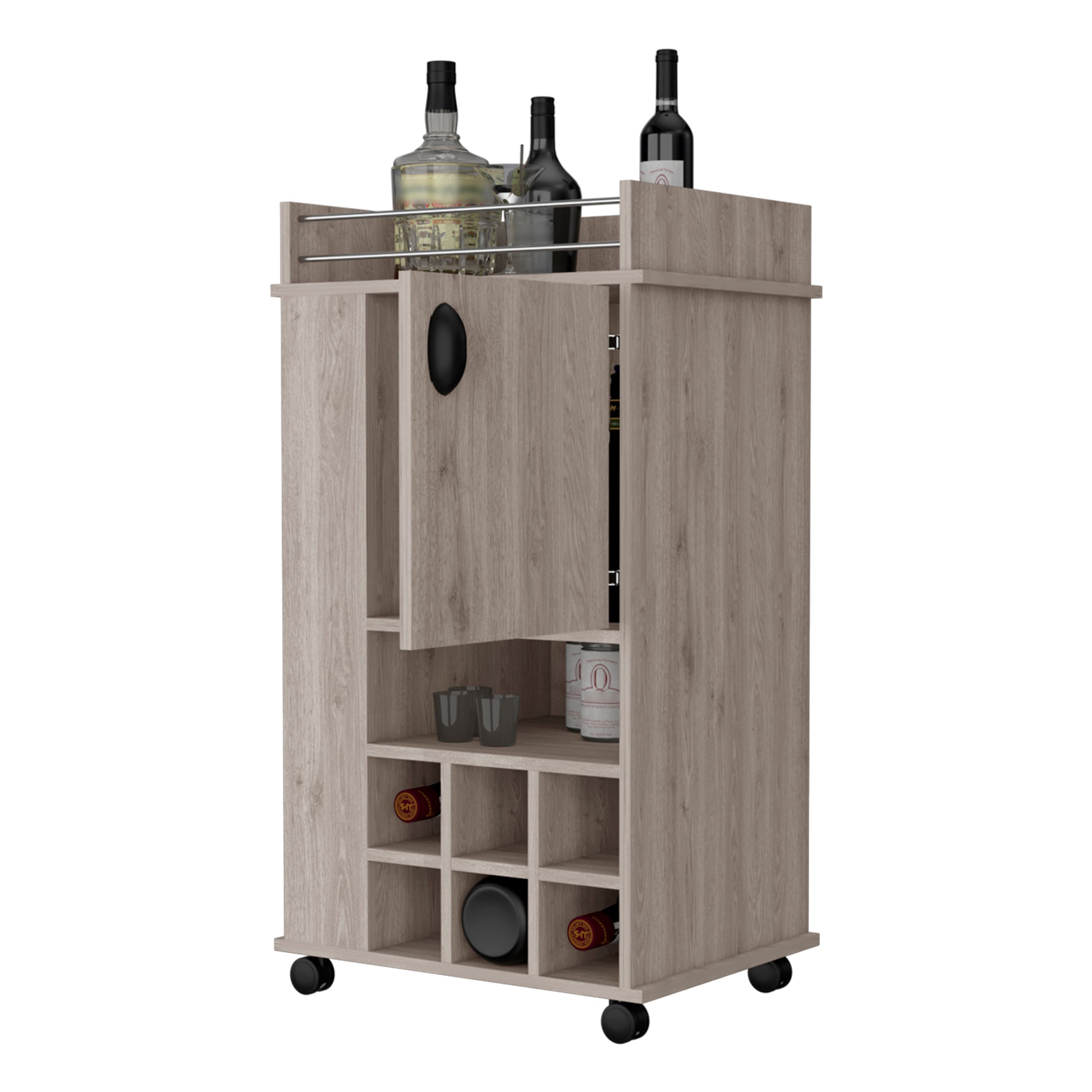 Farson Bar Cart With 2 Side Shelf, 6 Built In Wine Rack And Casters Light Gray Primary Living Space Classic,Contemporary Pine Particle Board Engineered Wood