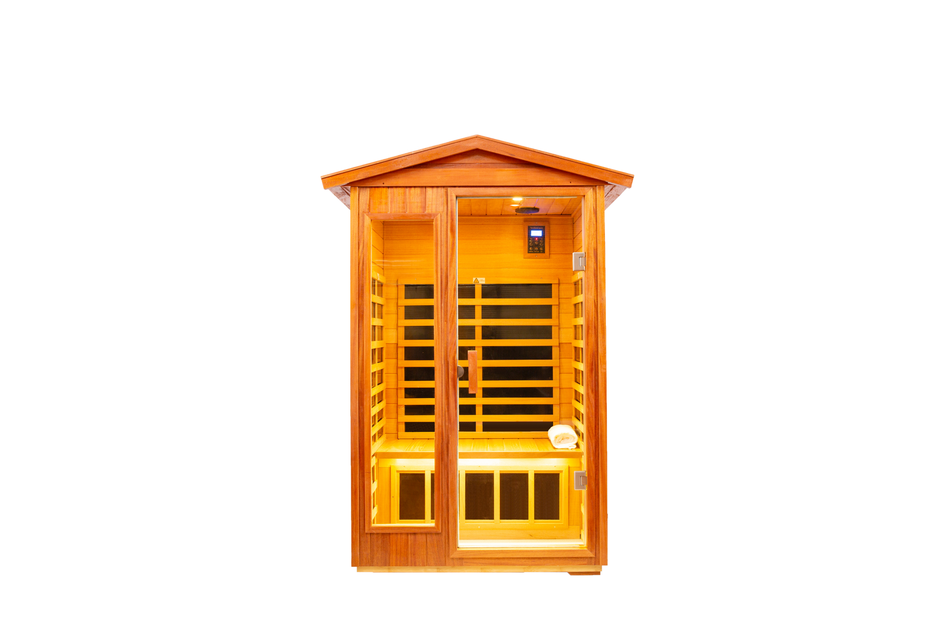 Two Person Far Infrared Khaya Wood Outdoor Sauna Room Natural Wood Wood Stainless Steel