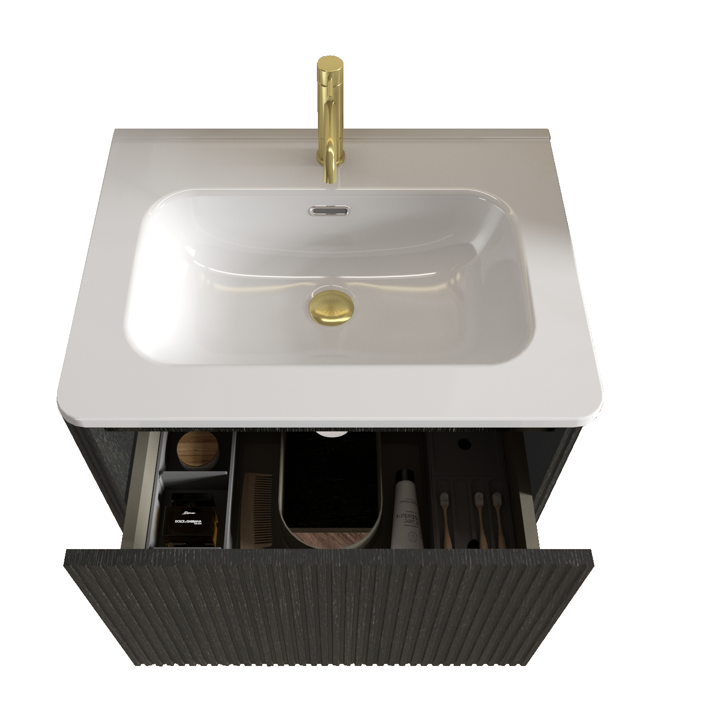 U056 Etna24W 308 Etna 24" Striped Brushed Black Oak Floating Bathroom Vanity With White Ceramic Sink, Bathroom Vanity For Modern Bathroom, One Piece White Sink Basin Without Drain, Pre Assembled