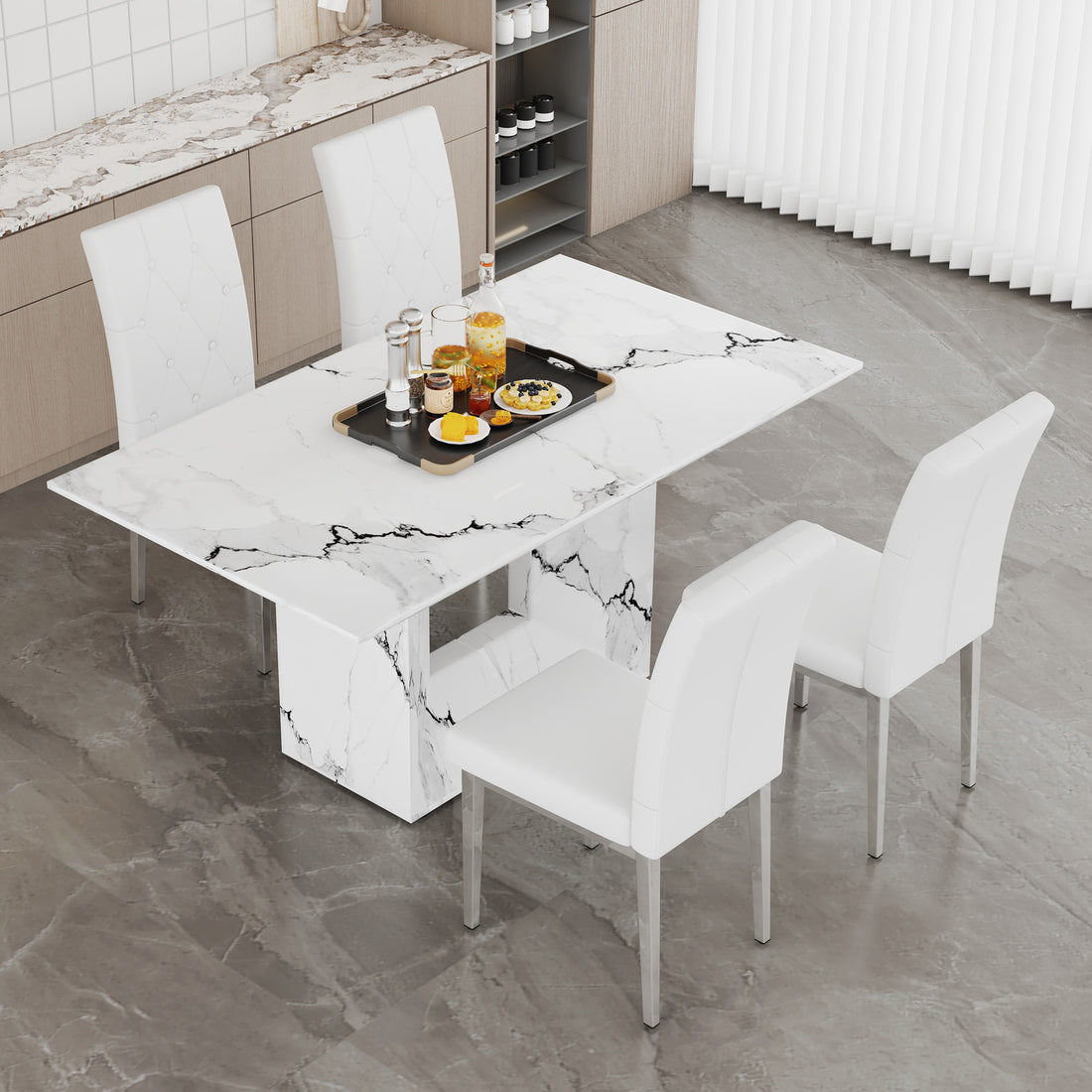 Table And Chair Set.63"X35.4" White Marble Patterned Mdf Dining Table Set With 4 Armless White Pu Chairs.Showcasing A Modern And Stylish Look. White Seats 4 Mdf Metal