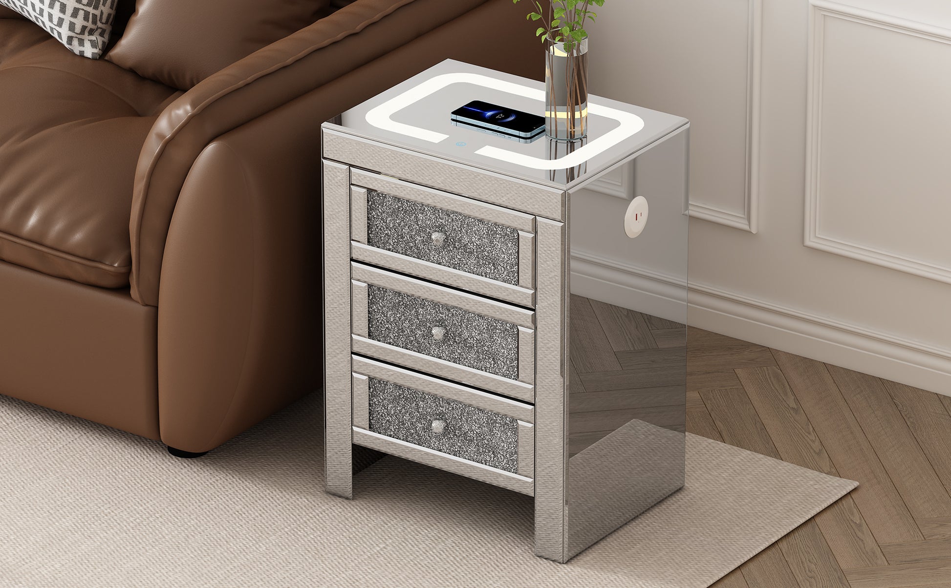 15.7''W Silver Rectangle Mirrored End Table With Wireless&Usb Charging, Modern Side Table With Led Lights, 3 Drawers With Crystal Style Handles For Living Room Silver Mirrored Finish Luxury,Modern Rectangular Mdf Glass