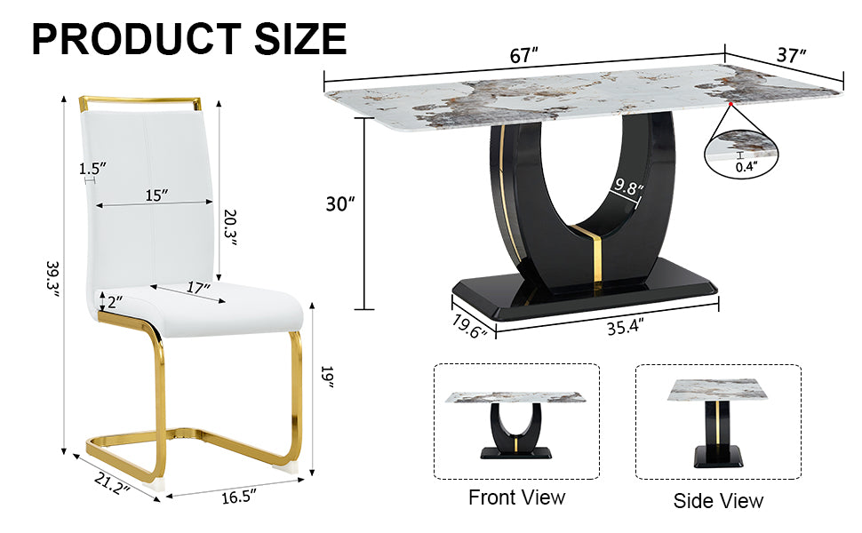 Table And Chair Set, Modern Dining Table, Patterned Table Top And Black Mdf Table Leg, Soft And Comfortable Dining Chair, Perfect For Dinner, Meetings, Home And Office Decor White Black Mdf Glass