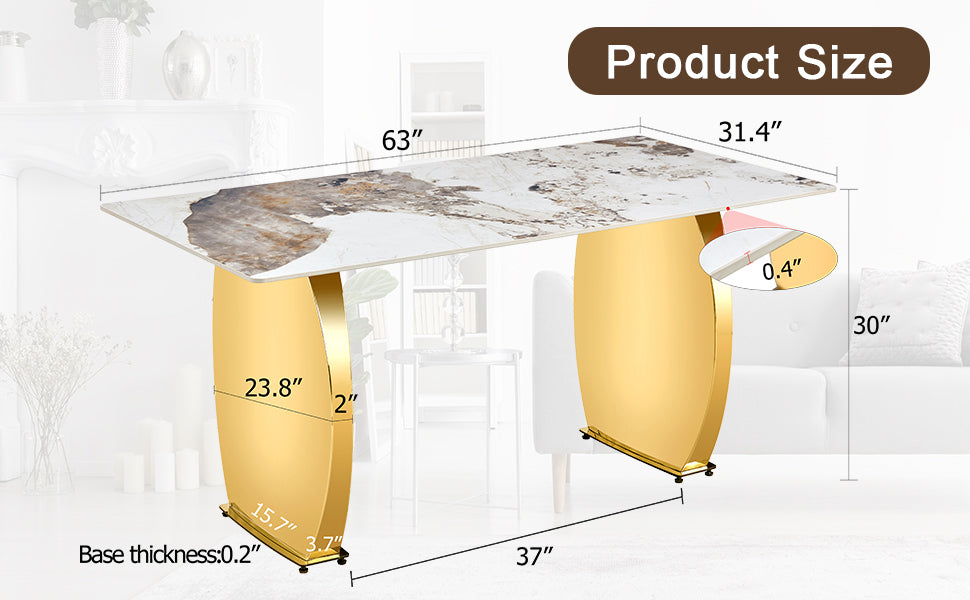 Modern Rectangular Table With Marble Patterned Rock Slab Tabletop, Paired With Stainless Steel Gold Plated Table Legs, Suitable For Kitchen, Dining Room, And Living Room 63 Inches * 31.4 Inches. Gold Sintered Stone