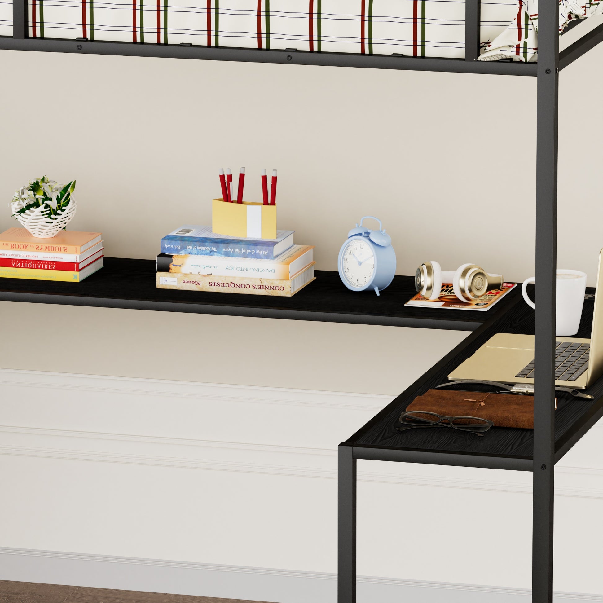 Full Size Metal Loft Bed With L Shaped Desk, Led Lights, Charging Cradle, Led Loft Bed Frame, Full Size Bed With One Cabinet Wardrobe And 2 Fabric Drawers, Safety Rails And Ladder, Black Black