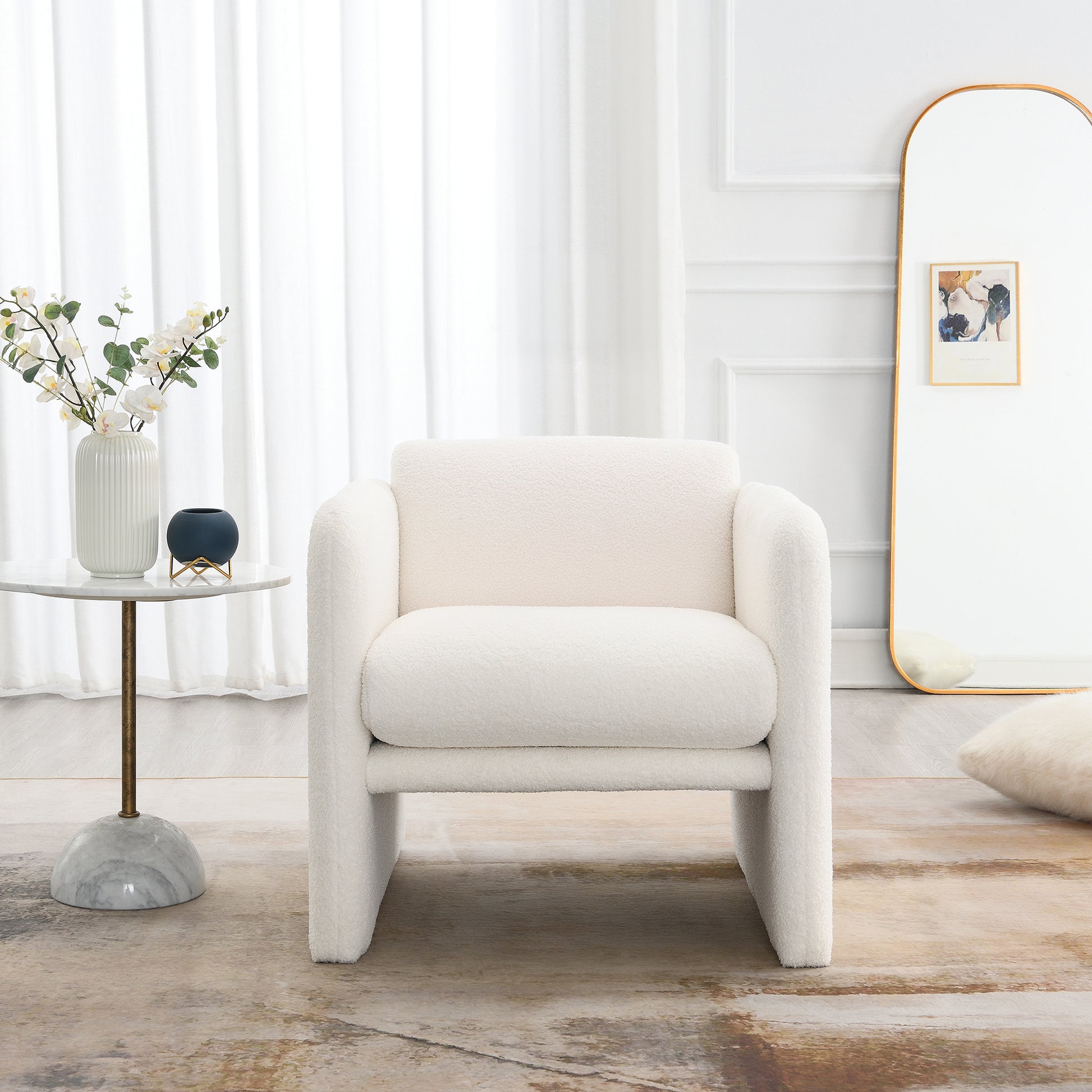 Arm Chair With Waved Arms, Metal Decoration On Both Side Arms, Accent Chair For Primary Living Space, Living Room, Bedroom,Teddy Fabric, White White Primary Living Space Modern Foam Plywood