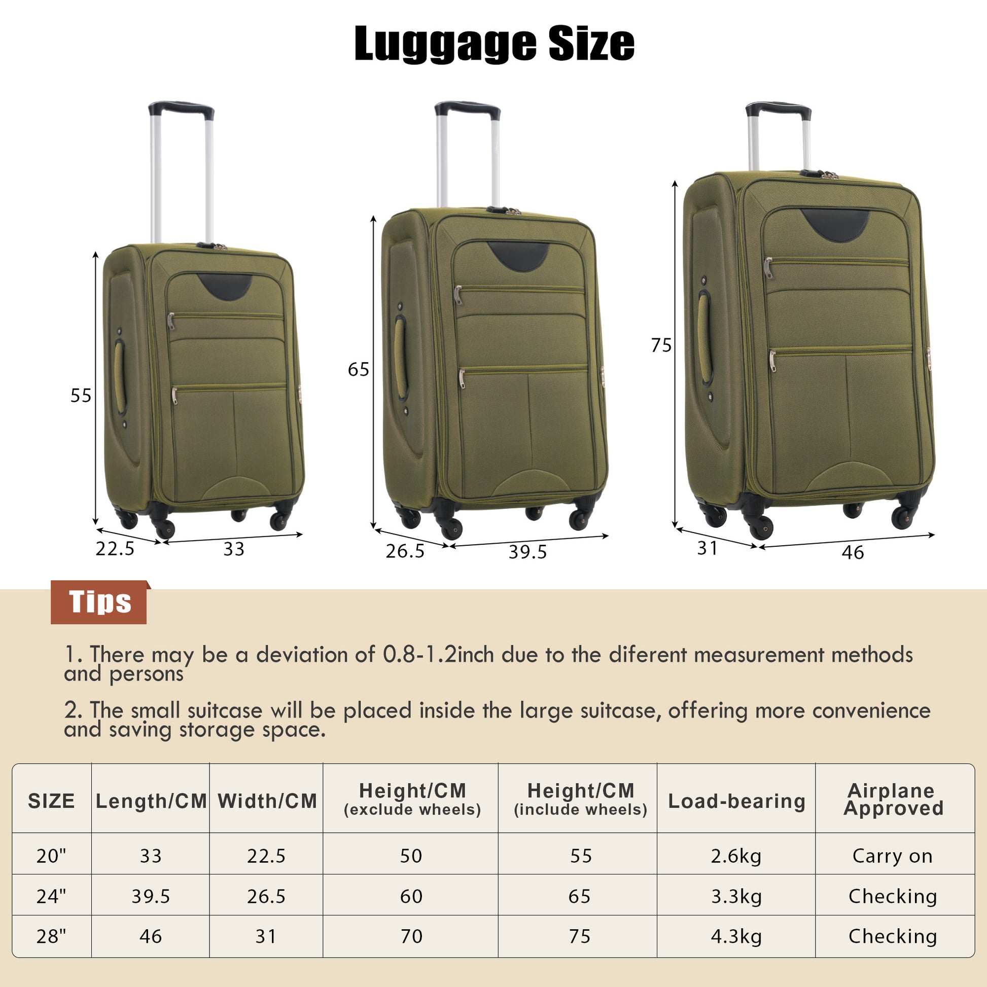 Softside Luggage Expandable 3 Piece Set Suitcase With Duffel Bag Upright Spinner Softshell Lightweight Luggage Travel Set Army Green Polyester