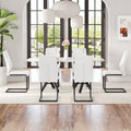 1 Table And 6 Chairs Set.A Rectangular Dining Table With A 0.39 Inch Imitation Marble Tabletop And Black Metal Legs.Paired With 6 Chairs With Pu Leather Seat Cushion And Black Metal Legs.F 1538,C 001 White Black Glass Metal