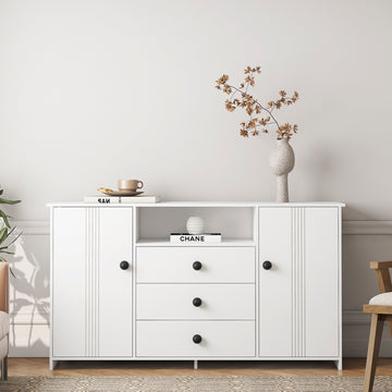 Sideboard Buffet Cabinet With Storage, Modern Kitchen Buffet Storage Cabinet With Drawer And Doors, Large Coffee Bar With Adjustable Shelves For Kitchen White Mdf