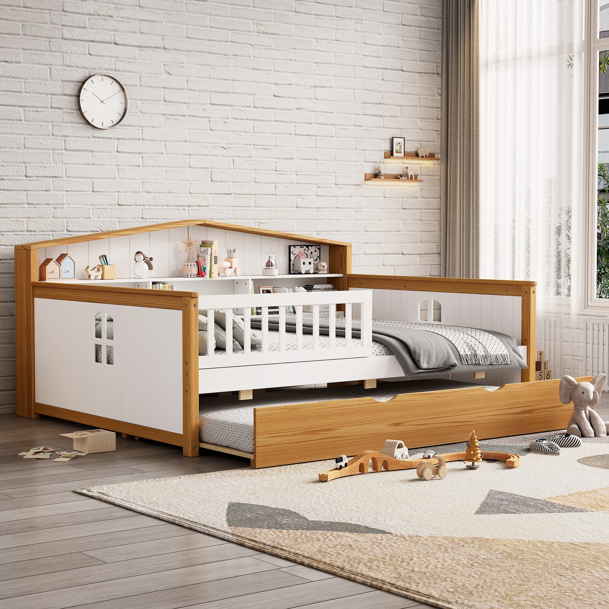 Full Size House Shape Daybed With Trundle And Bookcase Headboard Wooden Bed For Girls Boys Teens, No Box Spring Needed, Walnut And White Box Spring Not Required Full White Walnut Wood Bedroom Cute Pine Bed Frame Wood