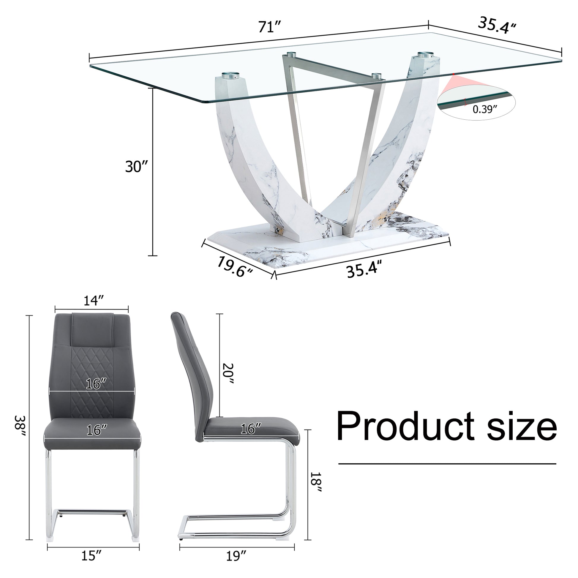 Table And Chair Set, Large Modern Rectangular Glass Table, Can Accommodate 6 8 People, Equipped With A 0.39 Inch Tempered Glass Tabletop And Mdf Table Legs.Paired With Comfortable And Soft Chairs. Gray Mdf Glass