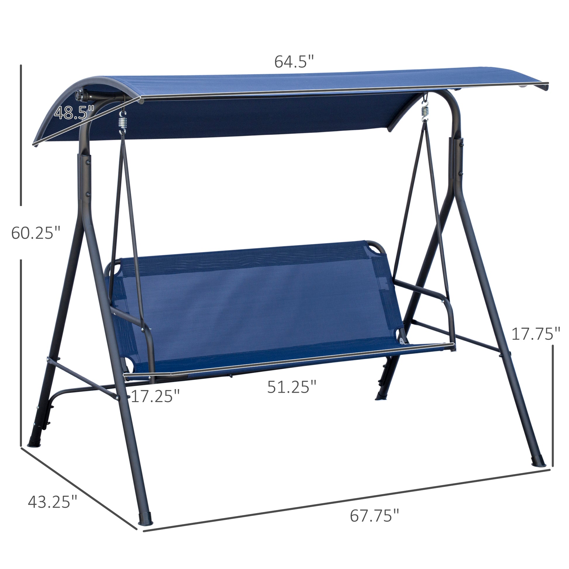 Outsunny 3 Person Porch Swing Bench With Stand & Adjustable Canopy, Armrests, Steel Frame For Outdoor, Garden, Patio, Porch & Poolside, Dark Blue Blue Steel