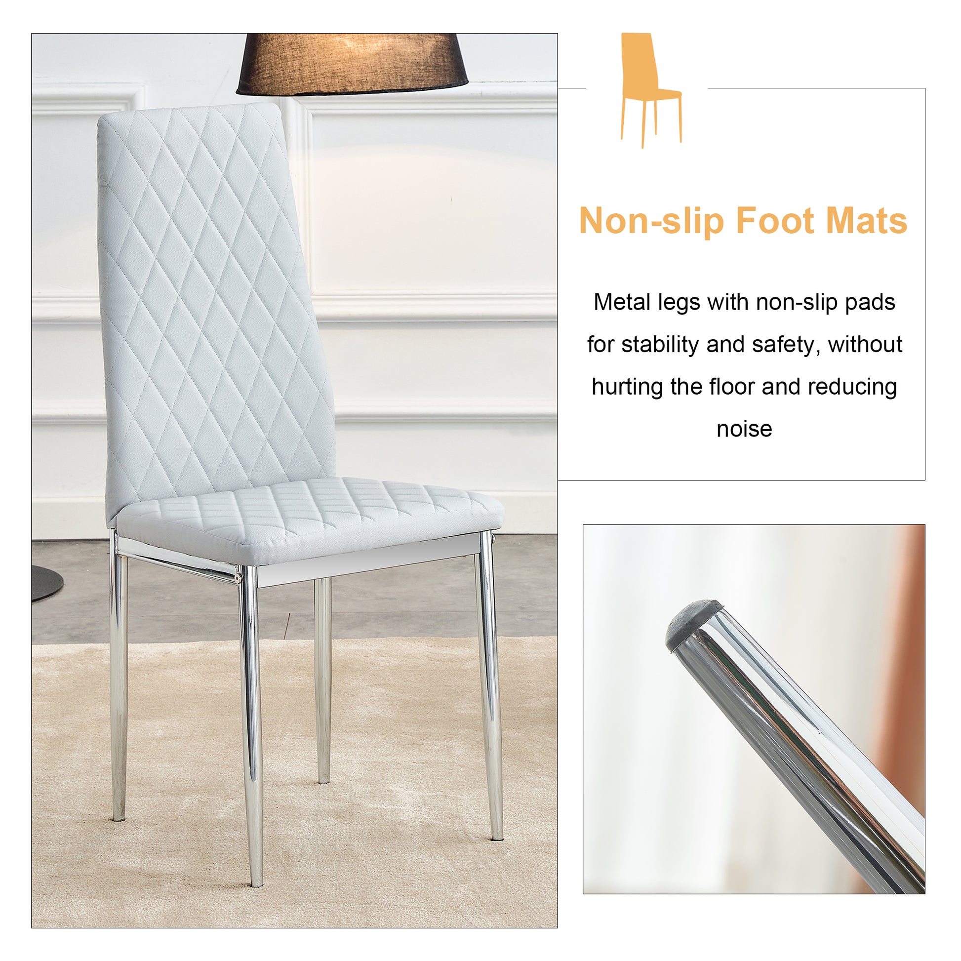 Table And Chair Set.Rectangular Dining Table With Tempered Glass Tabletop And Silver Plating Metal Legs.Paired With 6 Checkered Armless High Back Light Gray Chairs With Electroplated Metal Legs. Transparent Seats 6 Glass Metal