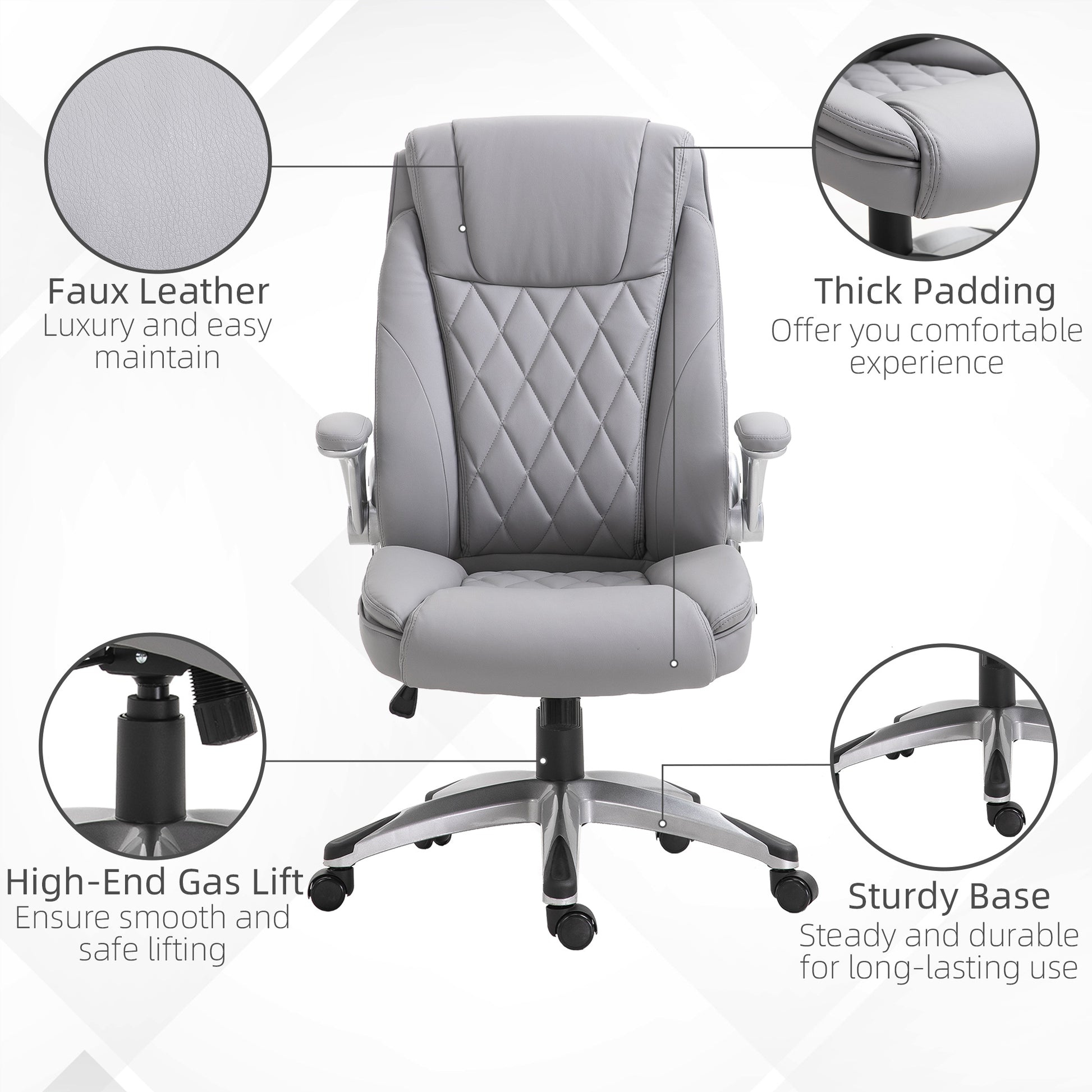 Vinsetto High Back 360 Swivel Ergonomic Home Office Chair With Flip Up Arms, Faux Leather Computer Desk Rocking Chair, Grey Grey Pu Leather