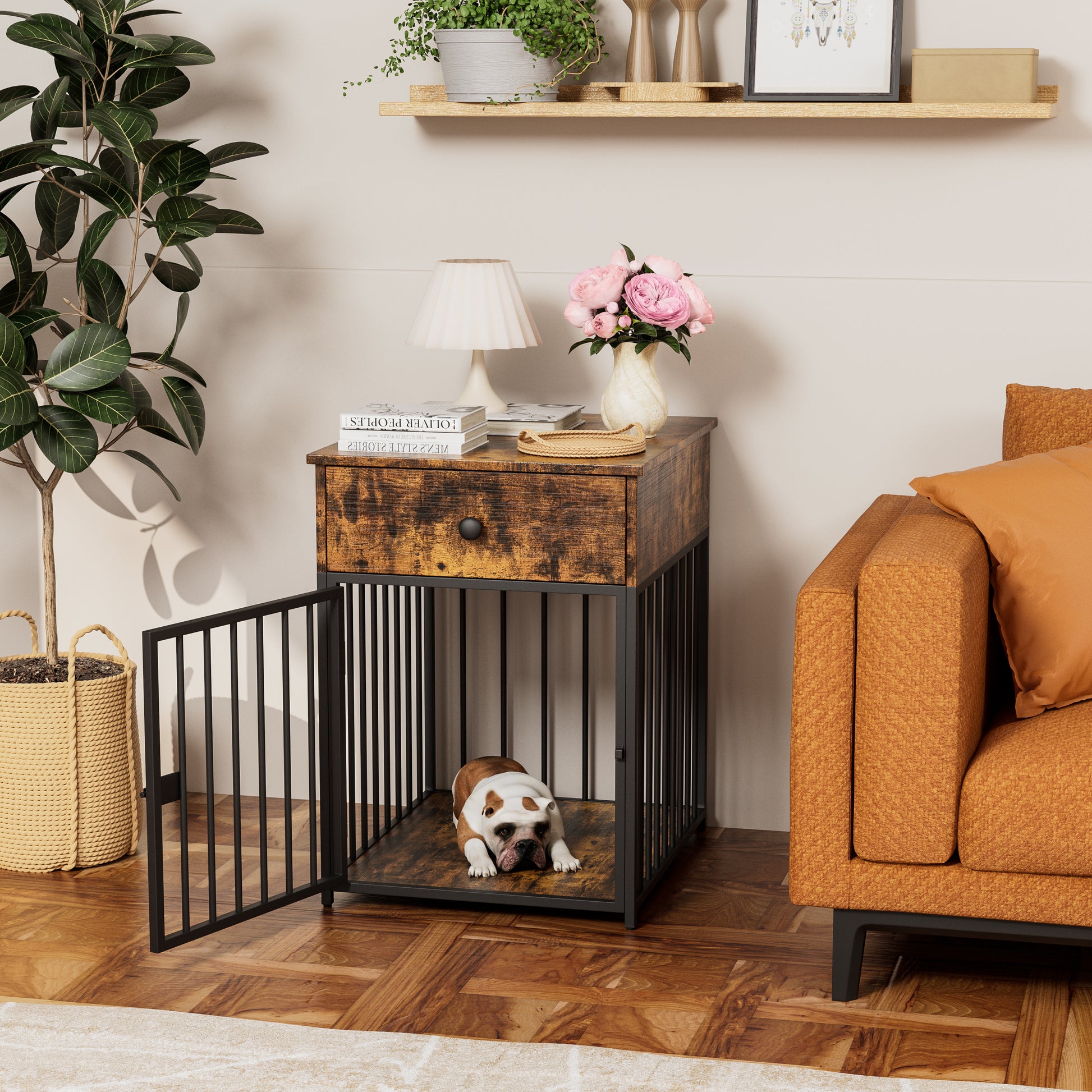 Dog Crate Furniture, Dog House, Decorative Dog Kennel With Drawer, Indoor Pet Crate End Table For Small Dog, Iron Tube Dog Cage, Chew Proof Brown Mdf