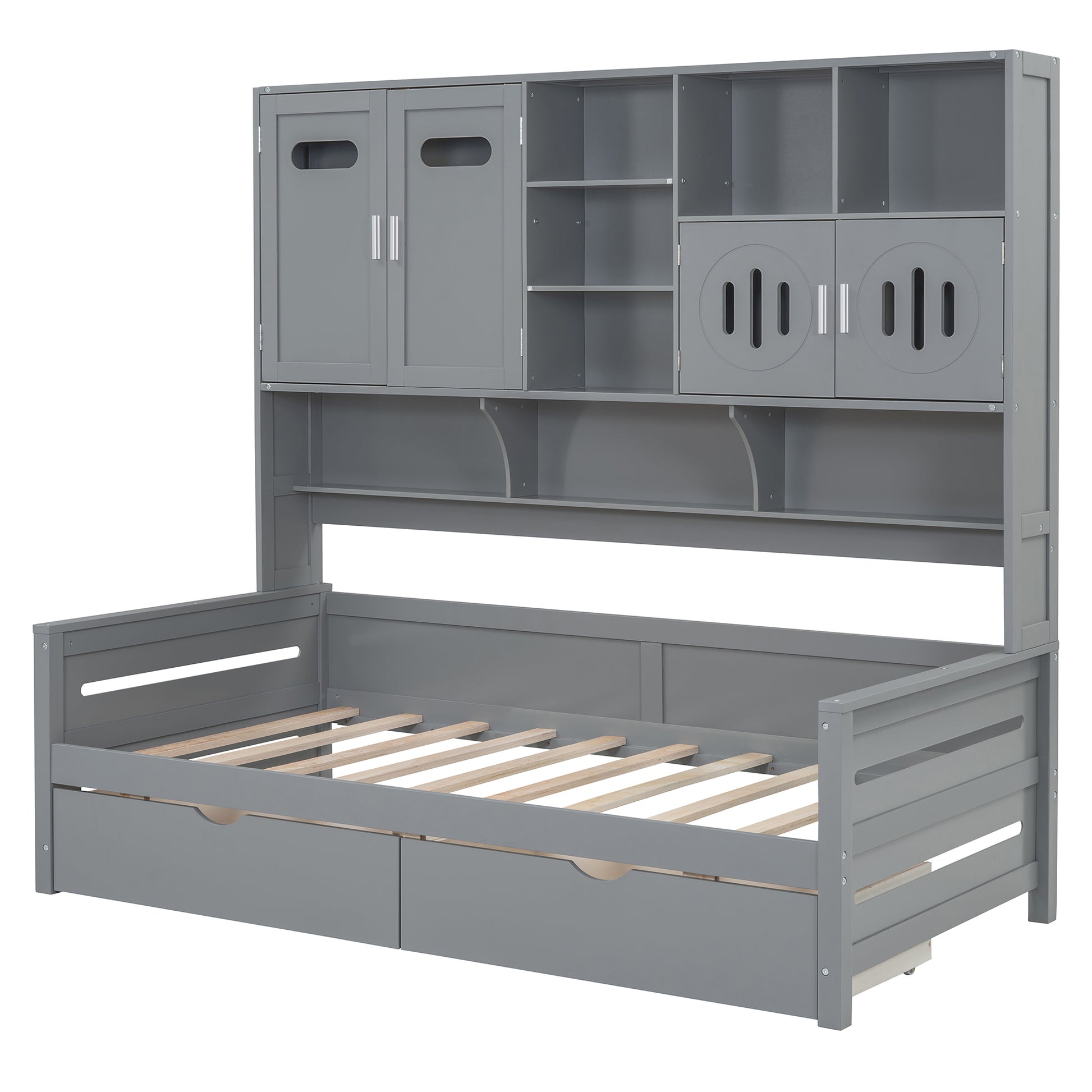 Twin Size Wooden Daybed With 2 Drawers, And All In One Cabinet And Shelf, Gray Twin Gray Wood