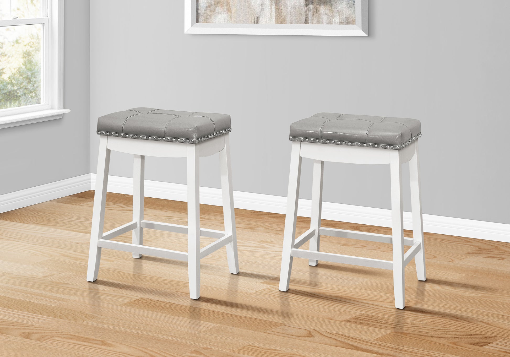 Bar Stool, Set Of 2, Counter Height, Saddle Seat, Kitchen, White Wood, Grey Leather Look, Transitional White Foam Solid Wood